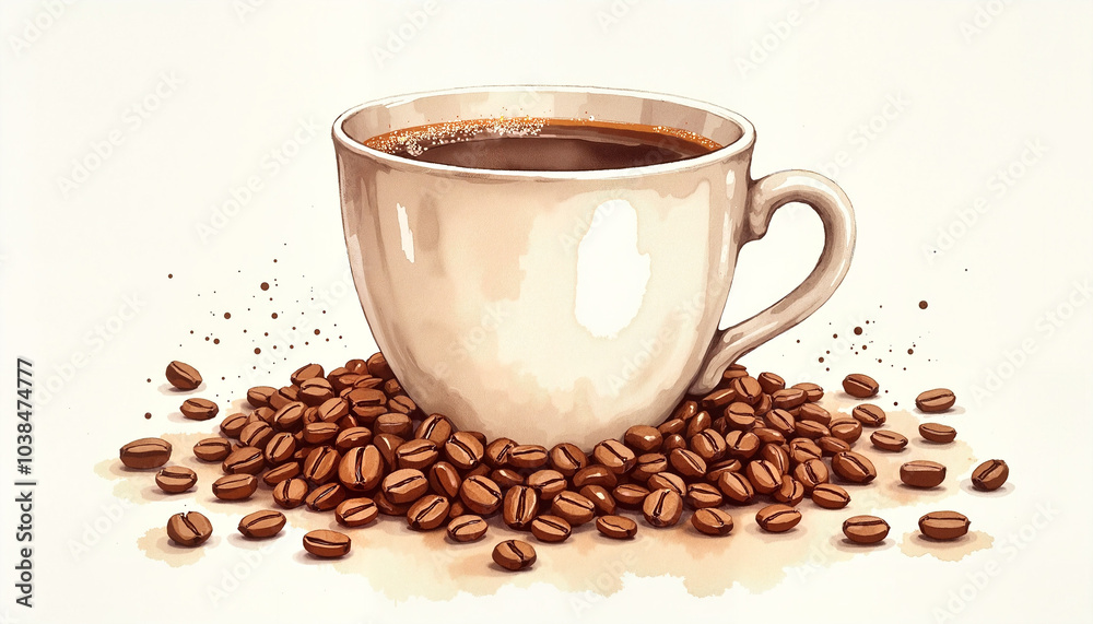 Obraz premium White coffee cup surrounded by roasted coffee beans on a light background