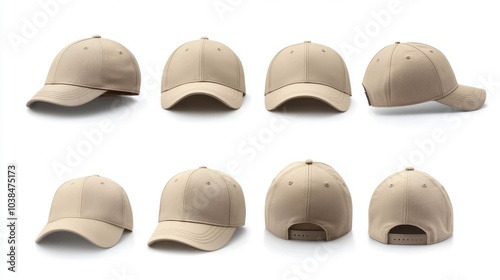 collection of beige Baseball Cap in Angles View Front and Back Mockup