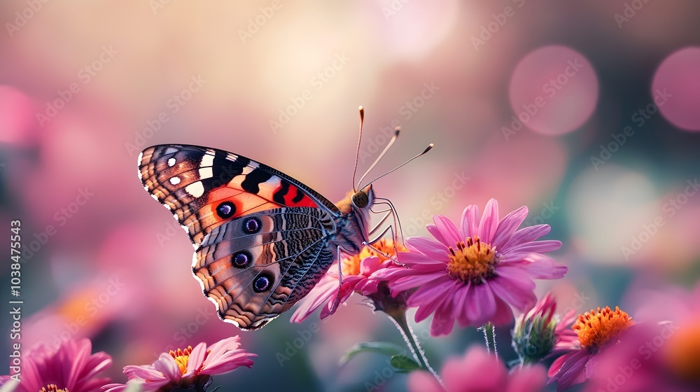 Obraz premium Colorful butterfly on a vibrant flower in a garden setting, soft bokeh background, vivid colors, delicate wings in a macro nature close-up with a summer atmosphere and shallow depth.