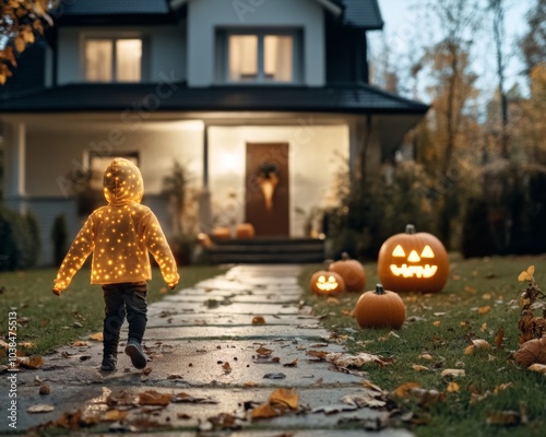 Family wearing glow-in-the-dark costumes dancing under the moonlight with glowing pumpkins lighting up the backyard photo