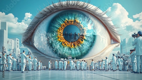 Tiny medical professionals surrounding large eye conducting an eyesight checkup and performing retina correction procedures in a vibrant vector illustration representing ophthalmology for Health Day