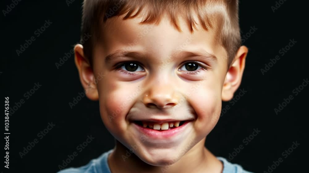 Close-up video of young boy with mischievous grin, playful cunning, and twinkling eyes against a neutral black background, lit by studio key light Close-up video of young boy with mischievous grin, playful cunning, and twinkling eyes against a neutral black background, lit by studio key light