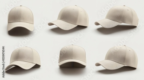 collection of beige Baseball Cap in Angles View Front and Back Mockup