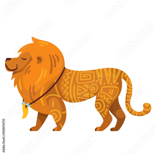 African cartoon lion with tribal pattern. Funny animal hunter of Africa with mane, ethnic ornament and amulet on neck. African culture mascot, cartoon cute predator of savannah vector illustration