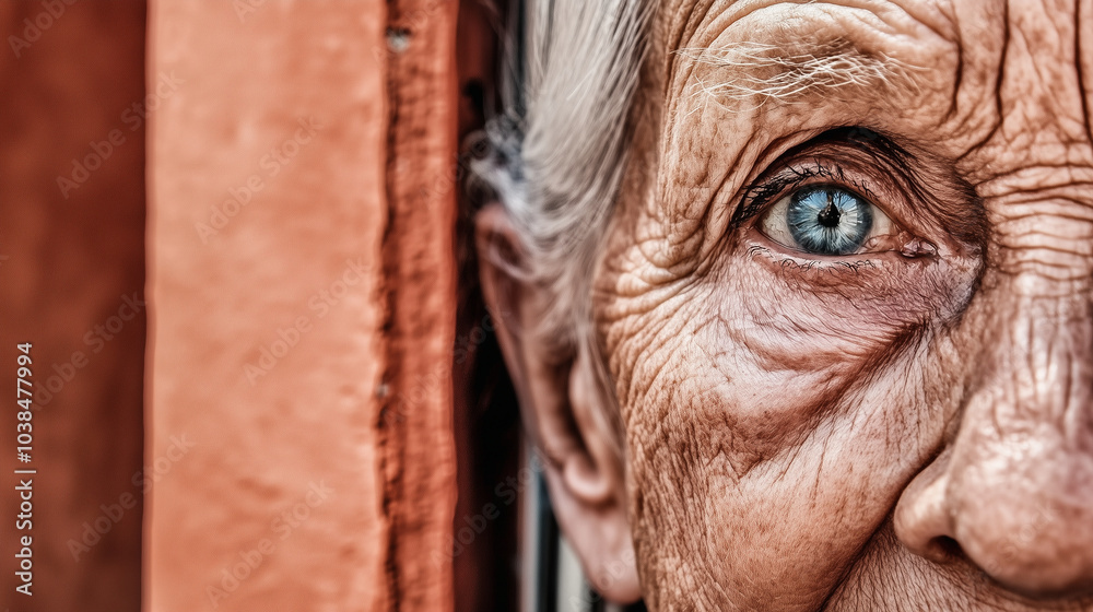Hyper-realistic closeup portrait of an old blue-eyed white woman's eye