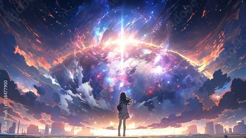 a beautiful anime girl standing alone and observing the universe