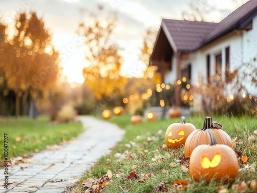 Halloween family pumpkin toss game in a foggy backyard glowing pumpkins as targets photo