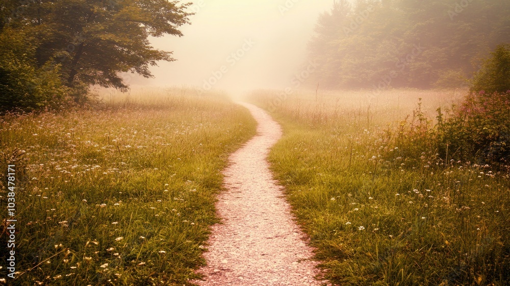 Serene Pathway through a Misty Meadow Landscape