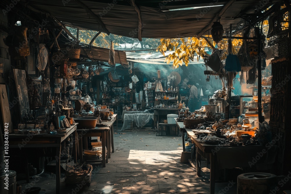 Naklejka premium Cozy antique shop interior with autumn leaves