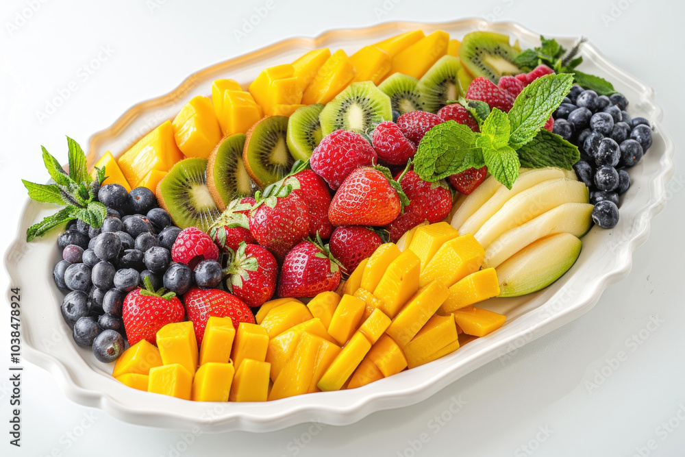A vibrant display of colorful fruits like mangoes, kiwis, blueberries, and strawberries, arranged in a rainbow pattern on a white ceramic platter A vibrant display of colorful fruits like mangoes, kiwis, blueberries, and strawberries, arranged in a rainbow pattern on a white ceramic platter