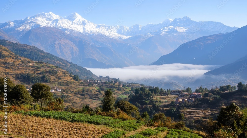 Naklejka premium Scenic Mountain Landscape with Snow-Capped Peaks