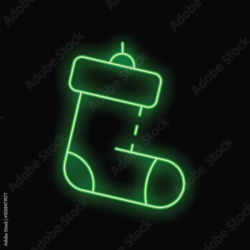 Bright green neon sign of a christmas stocking hanging on a black background