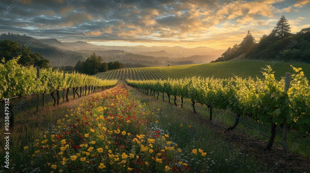 Naklejka premium Stunning sunset over a vibrant vineyard landscape