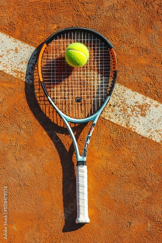 Tennis Racket and Ball on Clay Court photo