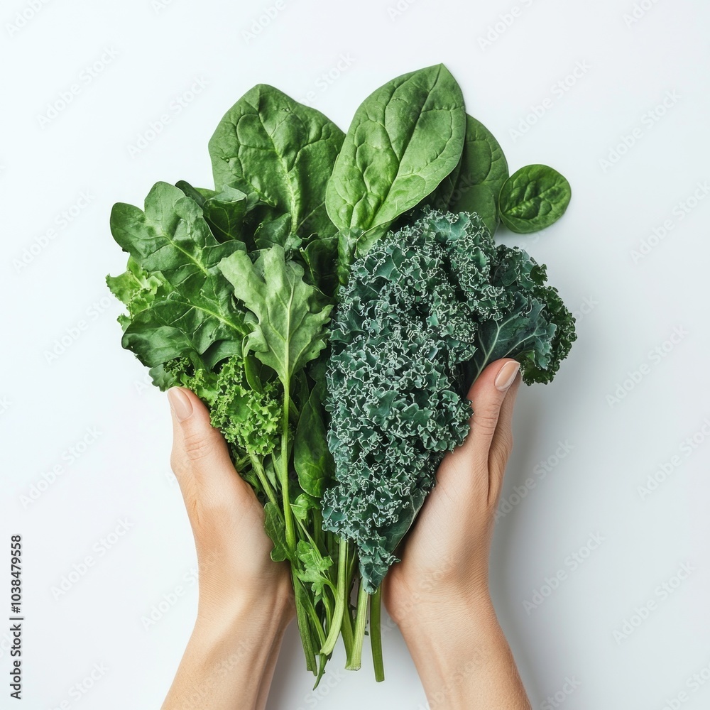 Fresh green leafy vegetables in hands. A vibrant mix of kale, spinach, and arugula creates a healthy and colorful display. Perfect for nutrition and health awareness. AI