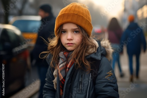 Portrait of a little girl in a hat and coat on the street