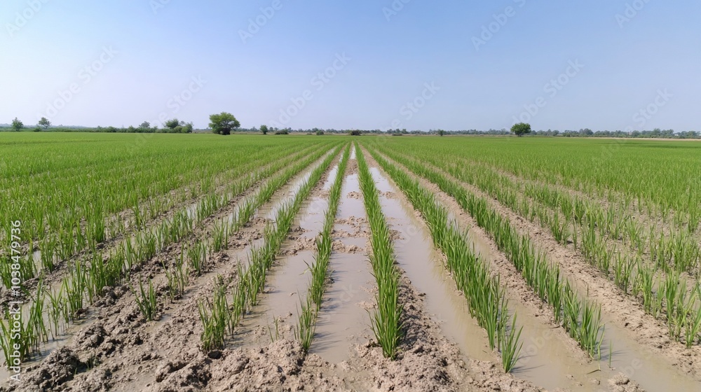 Lush green rice field with waterlogged rows for irrigation. Lush green rice field with waterlogged rows for irrigation.