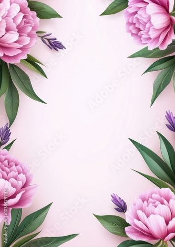 Beautiful pink peony and lavender floral, ideal for invitations and greeting cards. photo