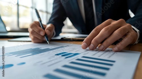 Wallpaper Mural A businessman is working on a financial report, reviewing data and making notes with a pen on a clipboard. Torontodigital.ca