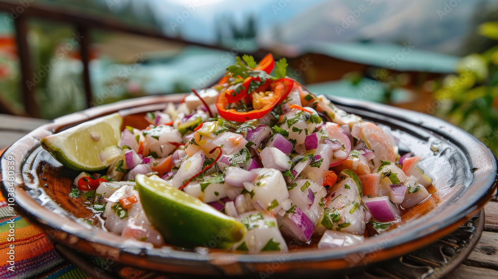 A vibrant plate of ceviche with fresh fish, lime, onions, and chili peppers, served in a rustic outdoor setting with Andean mountains in the background. A vibrant plate of ceviche with fresh fish, lime, onions, and chili peppers, served in a rustic outdoor setting with Andean mountains in the background.