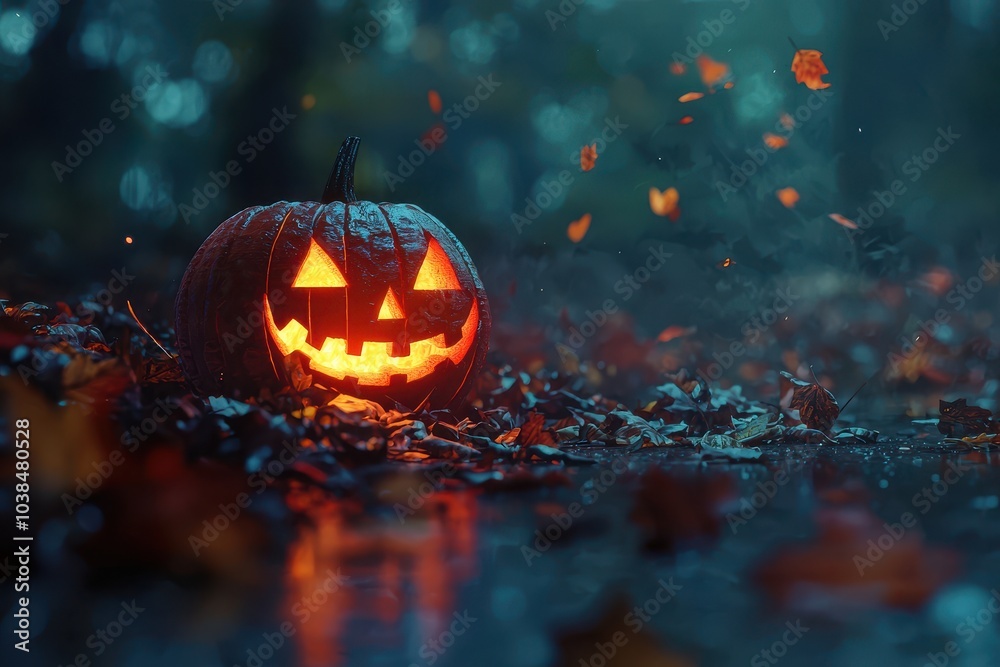 Glowing Carved Pumpkin in Halloween Scene at Night Glowing Carved Pumpkin in Halloween Scene at Night