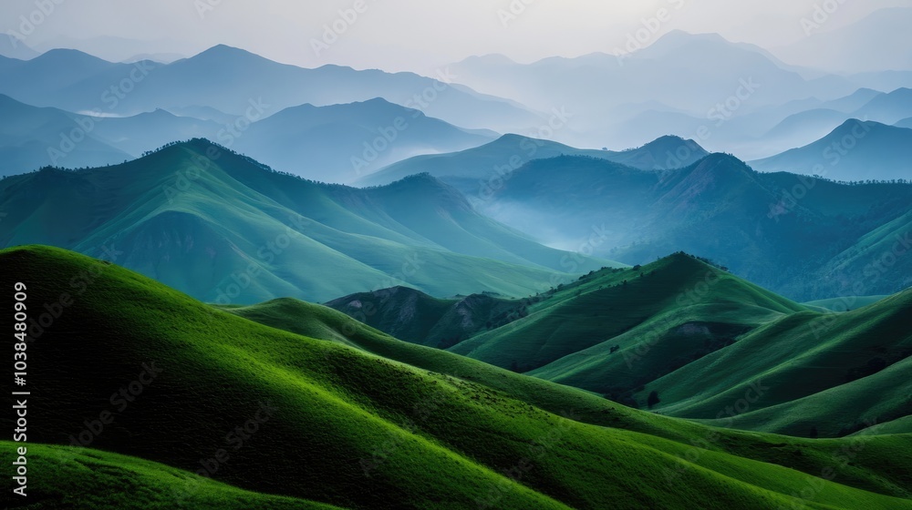 Fototapeta premium Serene Green Hills Under Soft Misty Sky