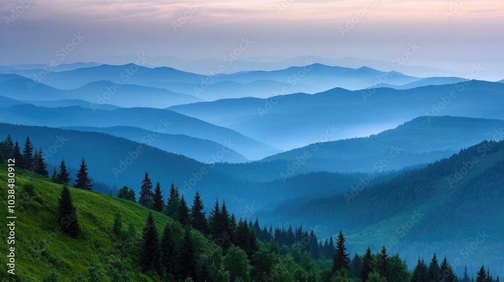 Serene Mountain Landscape at Dusk with Misty Hills Serene Mountain Landscape at Dusk with Misty Hills