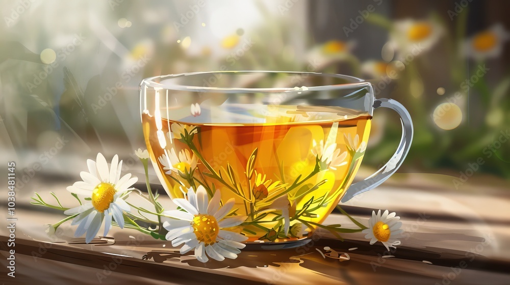 Refreshing chamomile tea in a glass cup with blooming flowers in sunlight Refreshing chamomile tea in a glass cup with blooming flowers in sunlight