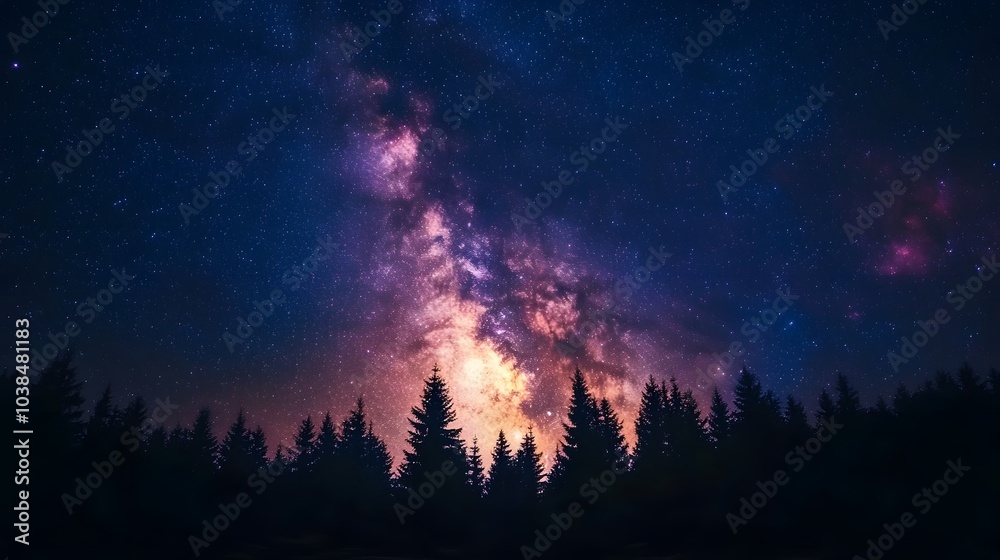 Fototapeta premium Night sky featuring the vibrant Milky Way galaxy and pine forest silhouette, starry cosmos with colorful nebula, creating a mystical atmosphere in high-resolution astrophotography.