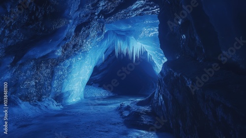 Stunning ice cave with icicles and blue tones