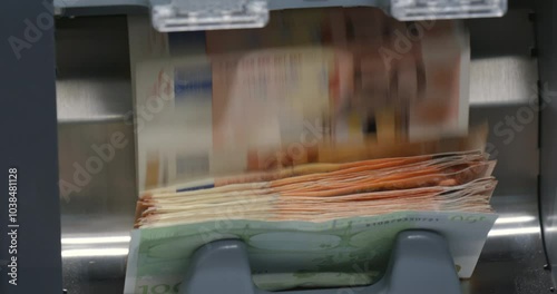 defocus, сash money euros into banknote counter. High quality video 6k 4:2:2 10bit downscale 4k 