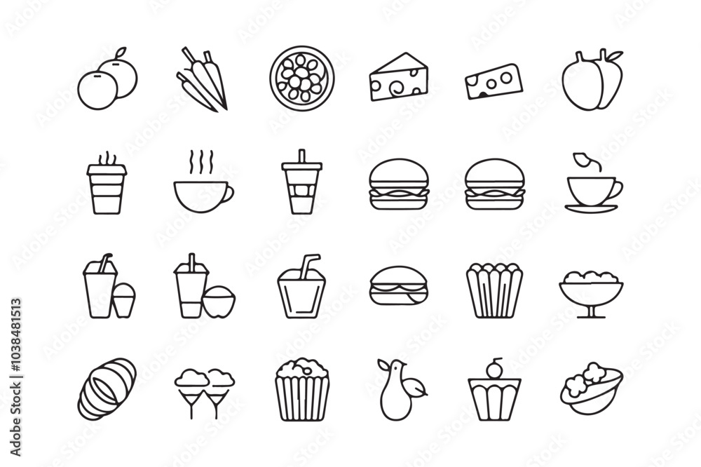Minimalist Food and Drink Icon Set  Line Art Vector Illustrations