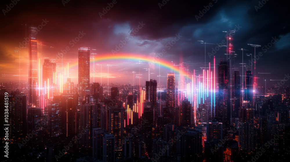Fototapeta premium vibrant urban nightscape featuring neon lit skyscrapers and rainbow