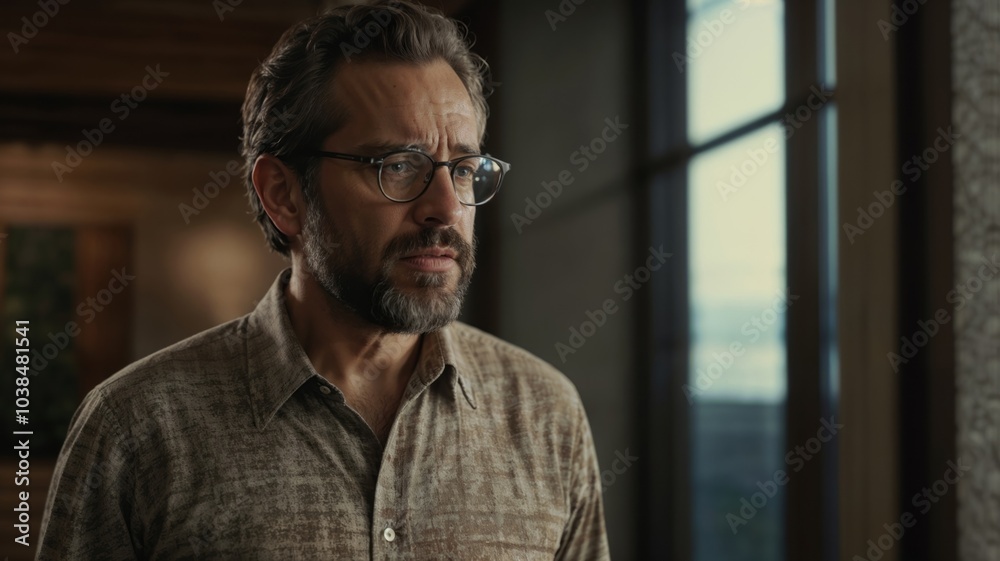 Obraz premium Man in Glasses Looks Pensively Out Window
