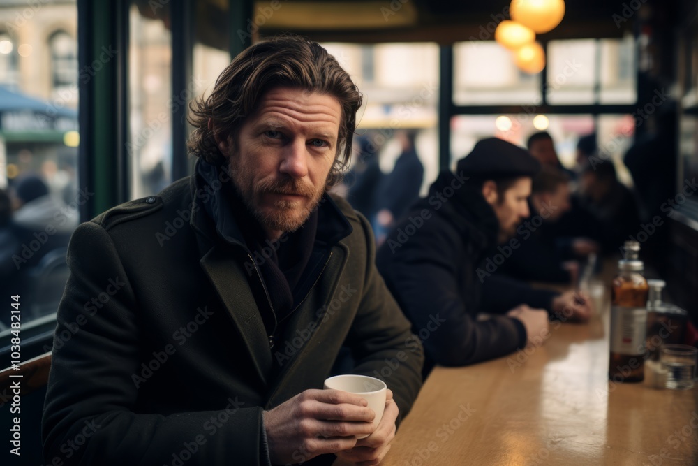 Handsome Bearded Man Drinking Coffee in a Bar Outdoors Handsome Bearded Man Drinking Coffee in a Bar Outdoors