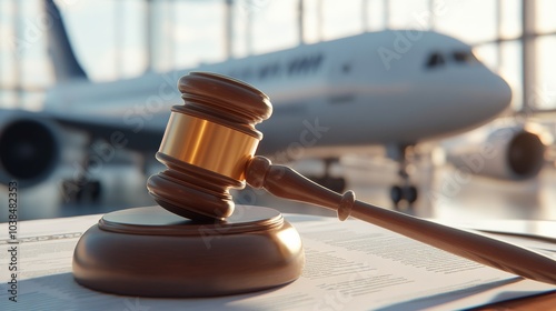 A gavel rests on legal documents with an airplane in the background, symbolizing aviation law and justice in the airline industry. photo