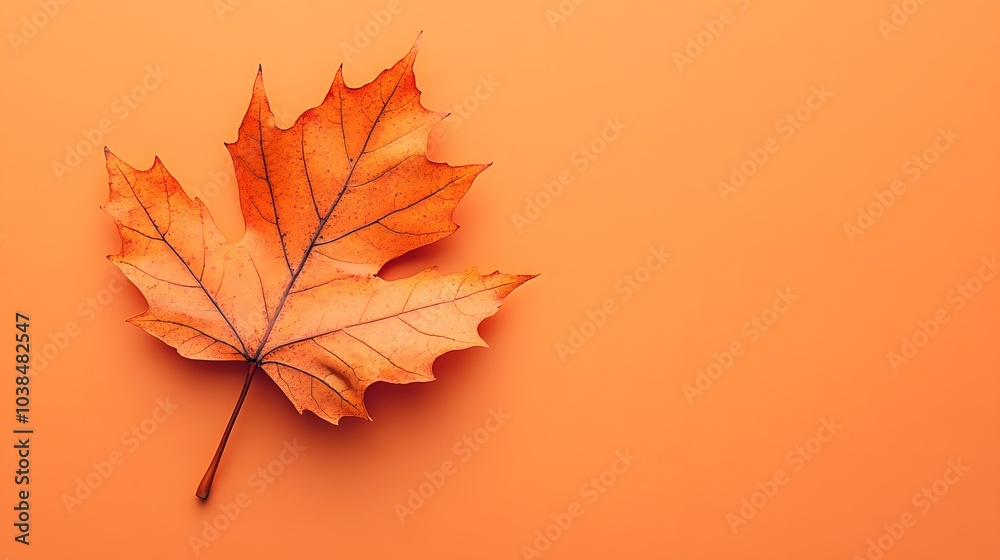 Single vibrant orange maple leaf on a light orange background, autumn season with detailed veins and natural texture, macro photography showcasing crisp edges and warm tones. Single vibrant orange maple leaf on a light orange background, autumn season with detailed veins and natural texture, macro photography showcasing crisp edges and warm tones.