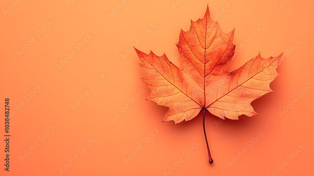 Single vibrant orange maple leaf on a light orange background, autumn season with detailed veins and natural texture, macro photography showcasing crisp edges and warm tones. Single vibrant orange maple leaf on a light orange background, autumn season with detailed veins and natural texture, macro photography showcasing crisp edges and warm tones.