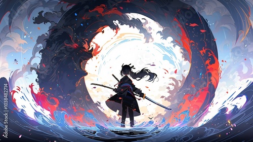 black silhouette with a girl in a graceful fighting pose with a katana, colorful anime style