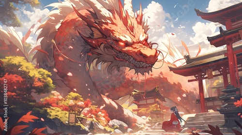 Temple guarded by dragons, colorful anime style photo