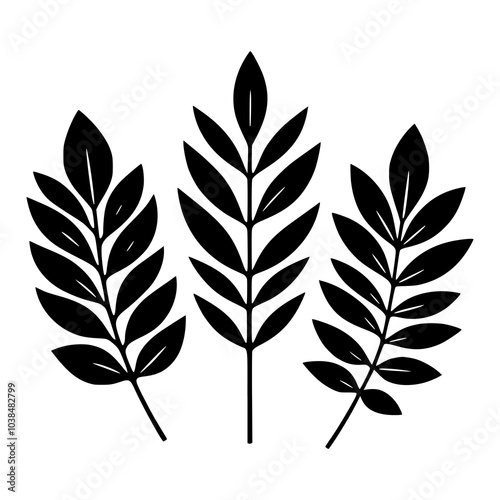The image is a black and white illustration, silhouette of three leaves. Minimalist Trio of Pointed Leaves in Black and White Illustration.
