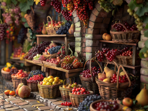 A whimsical scene of a tiny marketplace filled with miniature baskets of fruits like grapes, pears, and berries, each fruit rendered in perfect detail