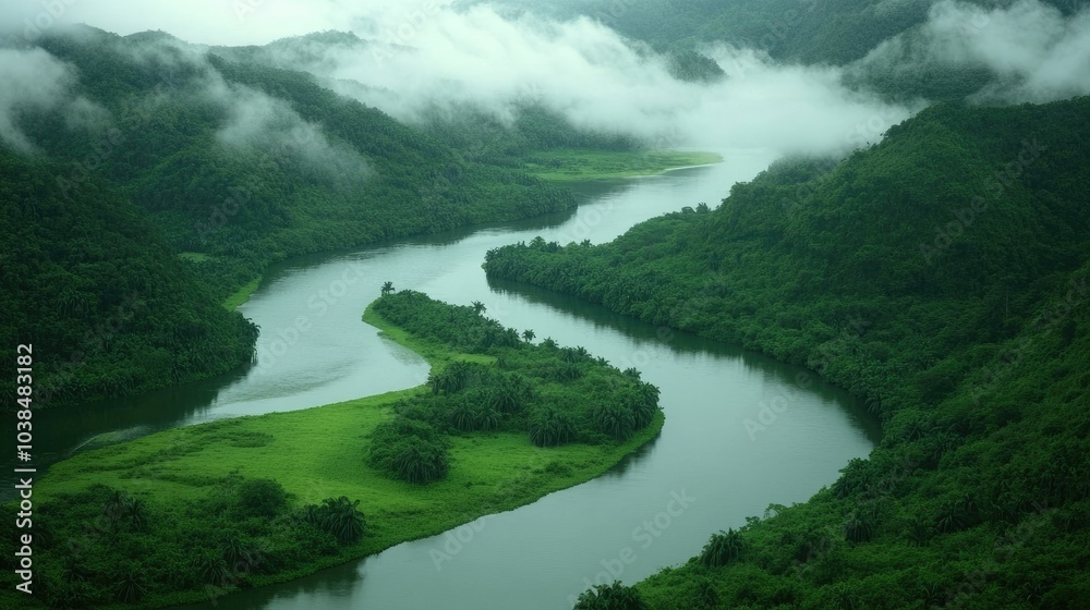 Obraz premium Serene River Flowing Through Lush Green Landscape