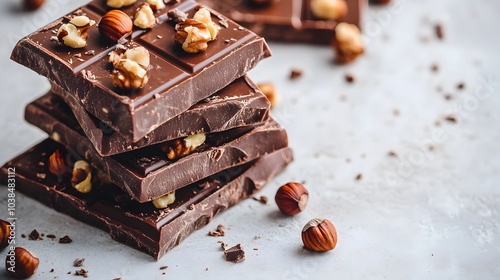 Stacked chocolate bars with nuts on white marble, rich brown colors and textured pieces, scattered hazelnuts in an indulgent dessert close-up with soft lighting and gourmet confectionery appeal. photo