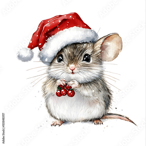 A cute mouse wearing a festive Santa hat holds red berries while celebrating the Christmas season in a whimsical winter setting