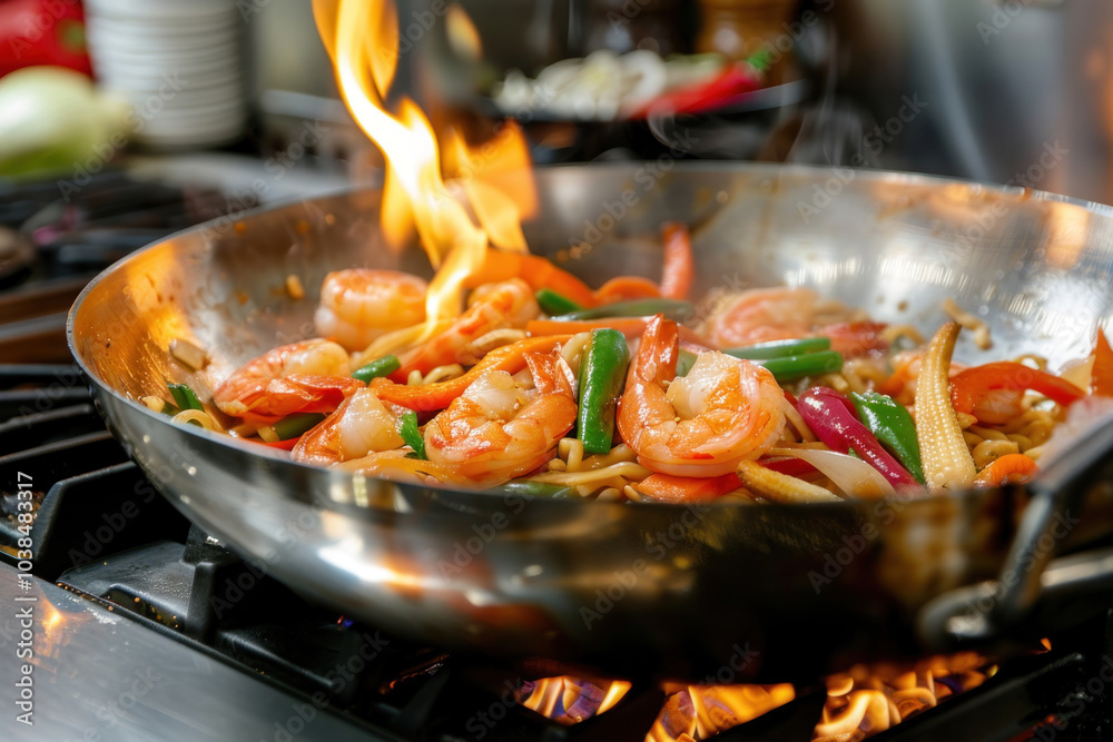 A wok frying stir-fried noodles with fresh vegetables and shrimp, flames leaping from the stove in a lively kitchen setting. A wok frying stir-fried noodles with fresh vegetables and shrimp, flames leaping from the stove in a lively kitchen setting.