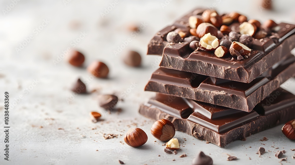 Stacked chocolate bars with nuts on white marble, rich brown colors and textured pieces, scattered hazelnuts in an indulgent dessert close-up with soft lighting and gourmet confectionery appeal. Stacked chocolate bars with nuts on white marble, rich brown colors and textured pieces, scattered hazelnuts in an indulgent dessert close-up with soft lighting and gourmet confectionery appeal.