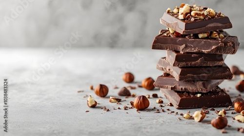 Stacked chocolate bars with nuts on white marble, rich brown colors and textured pieces, scattered hazelnuts in an indulgent dessert close-up with soft lighting and gourmet confectionery appeal. photo