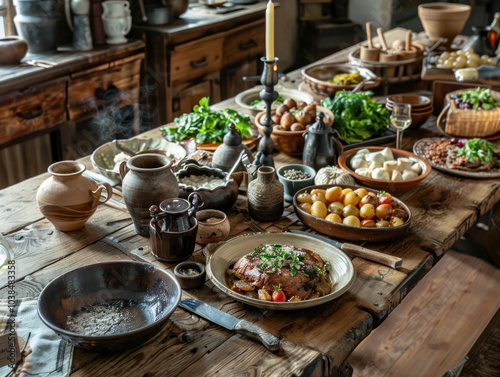 A wooden table filled with traditional dishes, rustic presentation, natural lighting, surrounded by artisanal pottery and local ingredients.