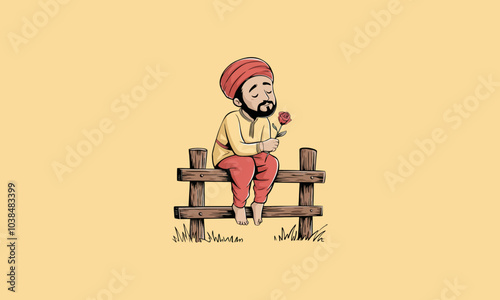 Man sitting on a wooden fence, holding a red rose.